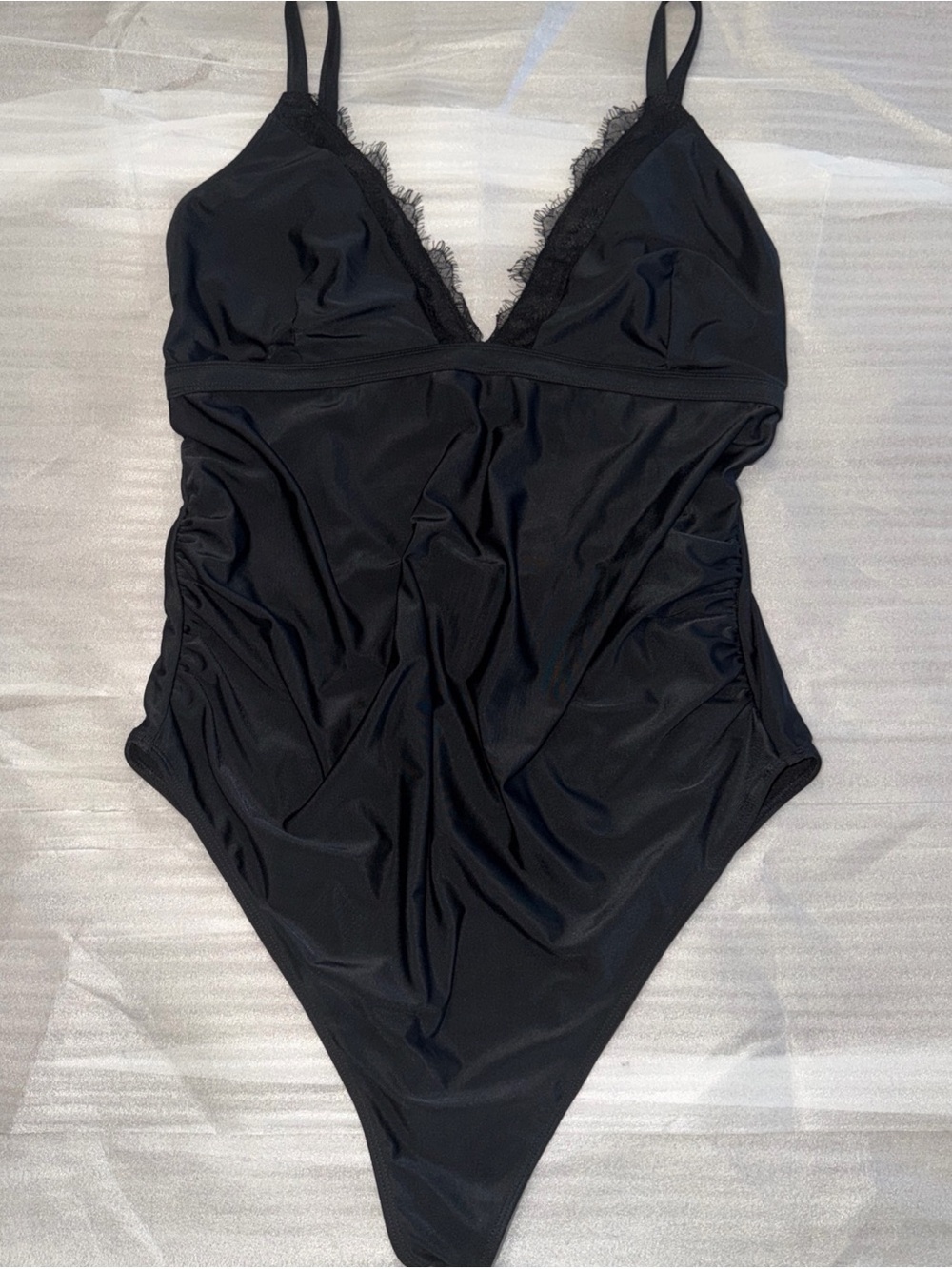 Wolf & Whistle Asos 40 DDD/F 2XL Swim Black VNeck OnePiece High Leg Lace Rouched